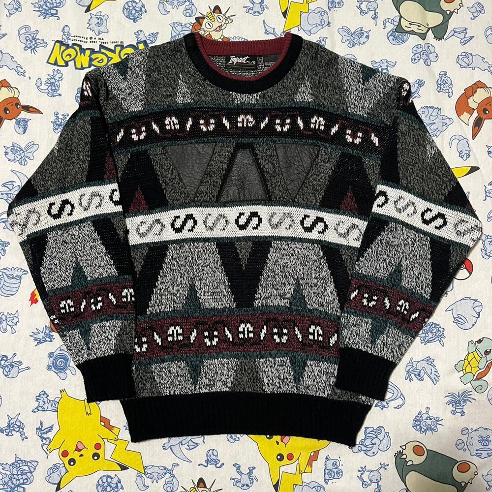 Vintage 80s Impact Black Pattern Leather Sweater